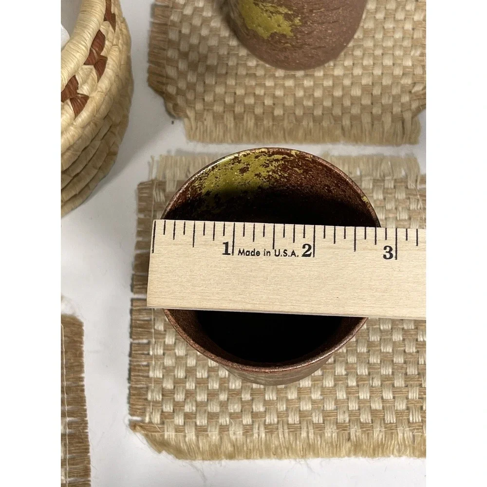 Asian Tea Sewing Basket + 5 Handmade Stoneware Teacups + Coasters vintage unique